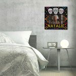 Henkilökohtainen meksikolainen kukka sokerikallo kankaalle valokuva maalaus nimi ja vuosi Gothic Wall Decor Day of the Dead lahja perheelle