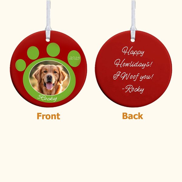 Photo d'animal de compagnie personnalisée Ornement rond en céramique avec motif de pattes Décoration de l'arbre de Noël Cadeau pour les amoureux des animaux de compagnie