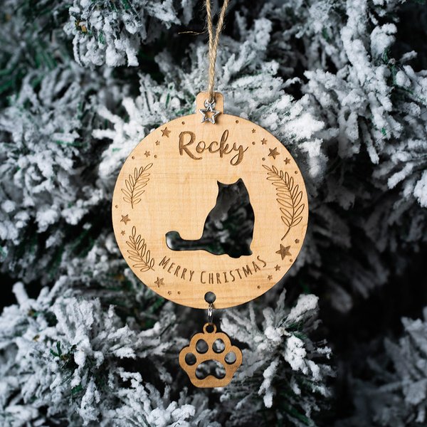 Ornement en Bois Personnalisé avec Nom Texte et Silhouette de Chat Décoration Maison Bureau Cadeau Noël pour Amoureux de Chats et Amis