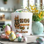 Personalisierte niedliche Hase Ei Jäger Camouflage Karotte wiederverwendbare Leinwand Osterkorb mit Namen Geburtstag Ostergeschenk für Kinder