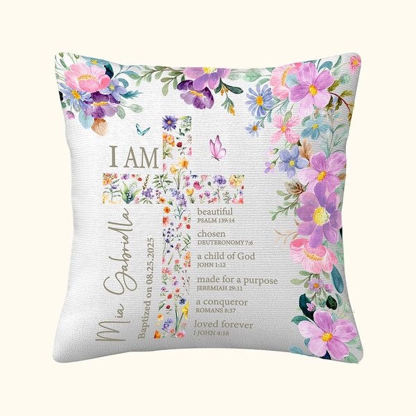 Taie d'Oreiller Personnalisée avec Nom Croix Florale Mots Bible Cadeau Premier Baptême Communion pour Fille Filleule
