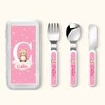 Personalised Cartoon Animal Safe Stainless Steel Kid’s Fork Spoon Knife 3 Pcs Cutlery Set with Initial Case and Name Birthday Gift for Boys Girls