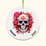 Personlig Gothic Födelseblomma Sockerdödskalle Keramisk prydnad med namn och år Rolig semesterdekoration Day of the Dead Present
