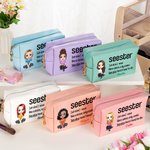 Personalisierte Seester Definition Cartoon Charakter Leder Kosmetiktasche mit Namen Portable Reise Essentials Geburtstag Geschenk für Frauen Mädchen