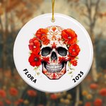 Personlig Gothic Födelseblomma Sockerdödskalle Keramisk prydnad med namn och år Rolig semesterdekoration Day of the Dead Present