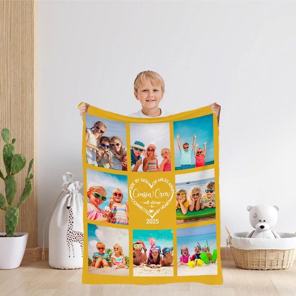 Personalized 8 Photo Collages Cousin Crew Heart Soft Throw Blanket with Year Home Decor Family Reunion Christmas Gift for Kids