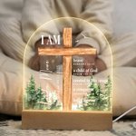 Veilleuse LED Croix verset biblique personnalisée avec socle en bois Baptême Première Communion Cadeau pour Bébé Fille Garçon
