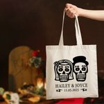 Personalized Gothic Sugar Skull Reusable Canvas Tote Bag with Name and Date Mexican Day of the Dead Wedding Gift for Couple