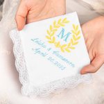 Personalisierte 100% Baumwolle etwas blaue Olivenzweige Spitze Taschentuch mit gestickten Initialen Braut Dusche Keepsake Hochzeitsgeschenk für Braut