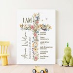 Personalised Floral Cross Bible Verse Canvas Painting with Name First Communion Party Wall Decor Christening Baptism Gift for Kids
