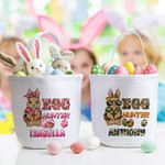 Personalisierte niedliche Hase Ei Jäger Camouflage Karotte wiederverwendbare Leinwand Osterkorb mit Namen Geburtstag Ostergeschenk für Kinder