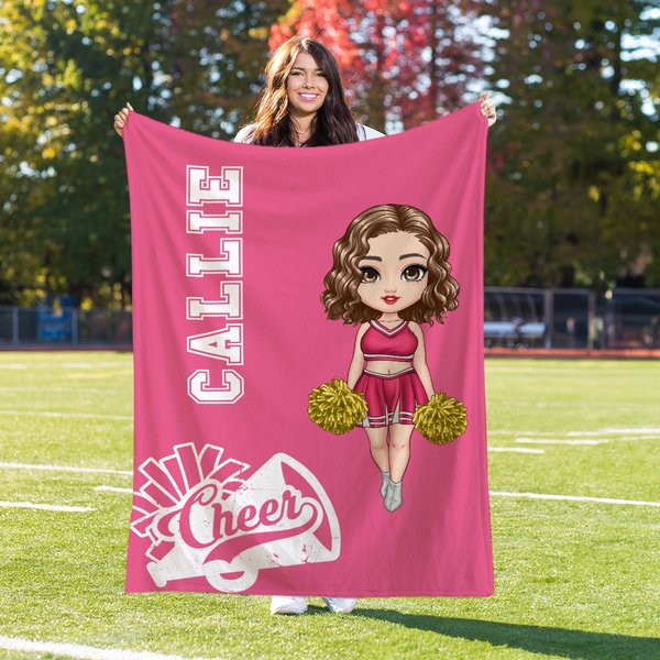 Personifierad flerfärgad tecknad Cheerleading-flicka Mjuk kastfilt med namn Heminredning Game Day Födelsedagspresent för Cheerleader Women