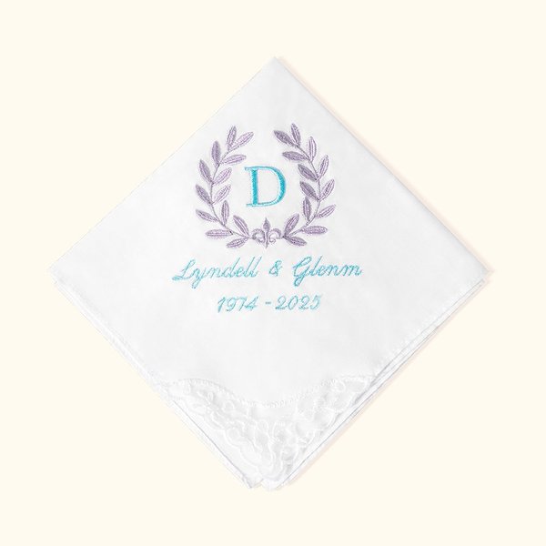 Personalized 100% Cotton Something Blue Olive Branches Lace Handkerchief with Embroidered Initial Bridal Shower Keepsake Wedding Gift for Bride