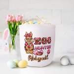Personalisierte niedliche Hase Ei Jäger Camouflage Karotte wiederverwendbare Leinwand Osterkorb mit Namen Geburtstag Ostergeschenk für Kinder