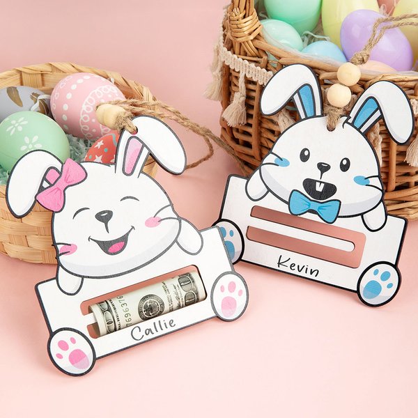 Personalizado lindo conejo Expresión de madera Money Holder etiqueta de la cesta con el nombre de Pascua Cesta de Rellenos de regalo para los niños