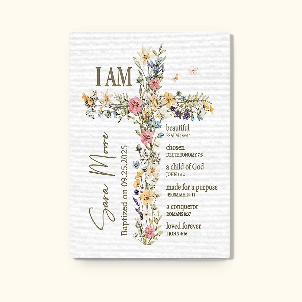 Personalisierte Floral Kreuz Bibel Vers Leinwand Gemälde mit Namen Erstkommunion Partei Wanddekoration Taufe Geschenk für Kinder