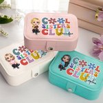 Personalised Cool Sisters Club Cartoon Character Two-layer PU Leather Jewellery Box with Name Portable Travel Essential Birthday Gift for Women Girls