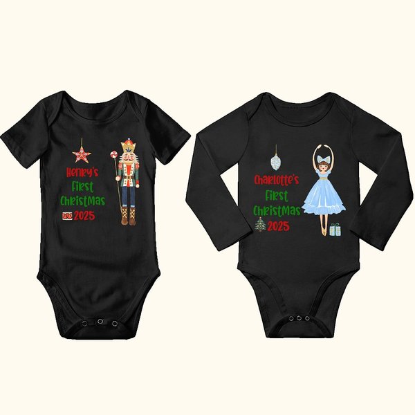 Spersonalizowany pierwszy świąteczny romper dla niemowląt z postaciami z bajek z imieniem Baby Shower Świąteczny prezent dla nowonarodzonej dziewczynki i chłopca