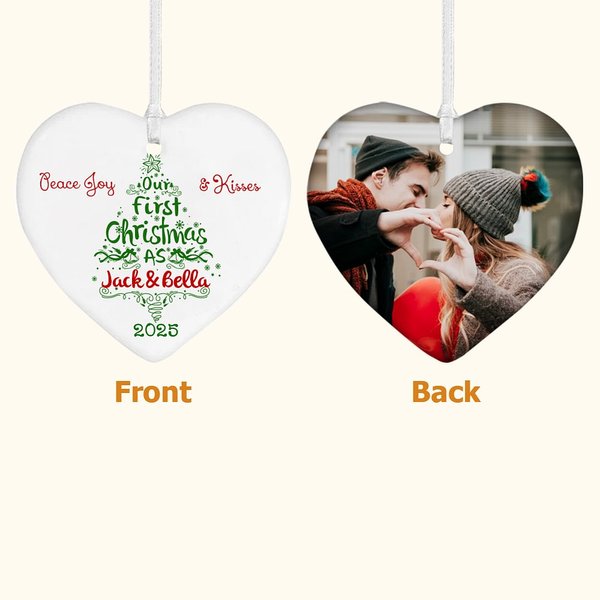 Adorno de Cerámica Personalizado Corazón de Amor con Nombre Foto Nuestra Primera Navidad Cumpleaños Aniversario Regalo para Esposa Marido