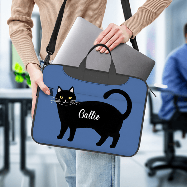 Henkilökohtainen söpö musta kissa vedenpitävä kannettava tietokone laukku säädettävällä olkahihnalla ja nimi syntymäpäivä Office Travel lahja opiskelijoille toimistotyöntekijöille