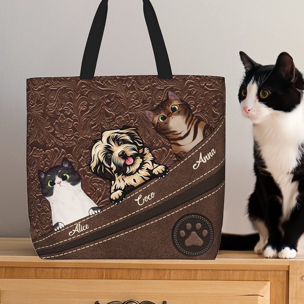 Personalized Vintage Paw Print 1-5 Dogs Cats Large Zippered Tote Bag with Names Holiday Birthday Gift for Pet Lovers Owners