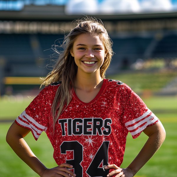 Personlig flerfarget fotballtrøye med V-hals og glitter med navn og nummer og navn og nummer på kampdagen Bursdagsgave til sportsmor som elsker fotball