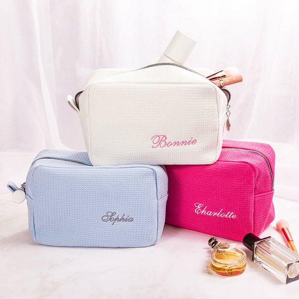 Personalized Embroidered Name Waffle Cosmetic Toiletry Bag Large Capacity Daily Use Birthday Wedding Gift for Women