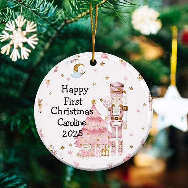 Personalized Pink Nutcracker Ballerina Merry Christmas Ceramic Ornament Baby Shower 1st Christmas Gift for Boys Girls Family