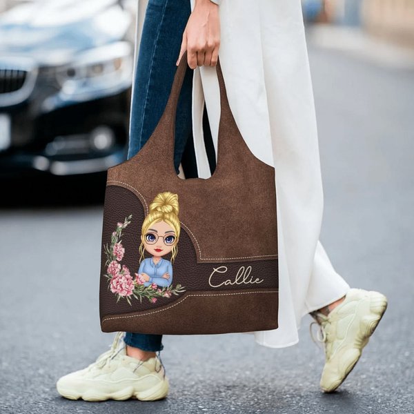 Personalized Birth Flower Wreath Cartoon Character Tote Bag with Name Daily Use Mother's Day Birthday Gift for Women