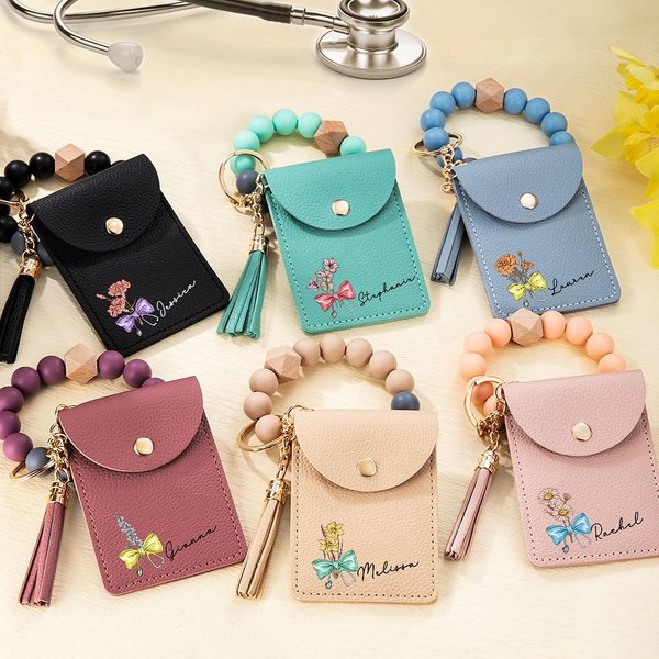Fiore di nascita personalizzato con nodo a fiocco Stetoscopio con nappina Portafoglio in pelle con braccialetto di perline Regalo per la settimana dell'infermiera per il personale medico