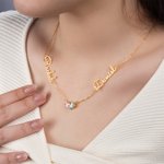Personalised Dainty Double Heart-Shaped Birthstone Necklace with Names Birthday Anniversary Valentine's Day Gift for Women Sisters
