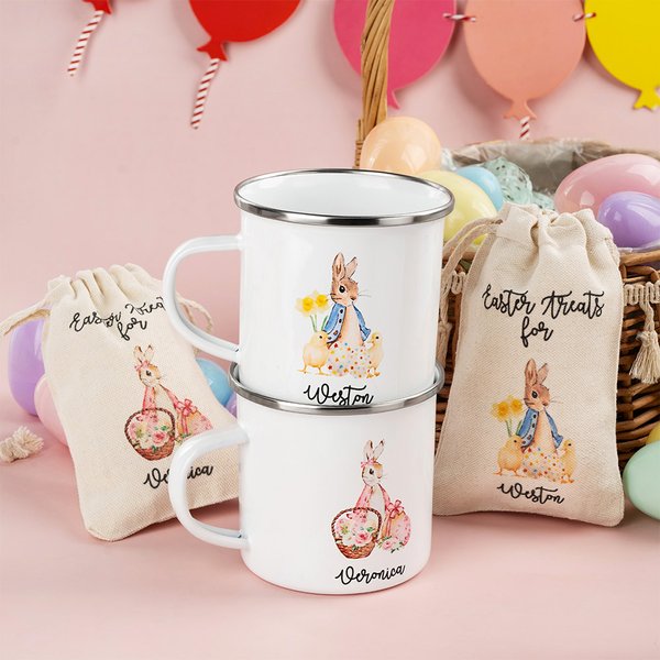 Personalized Peter Rabbit 12oz Multicolor Rim Enamel Cup Drawstring Treat Bag with Name Birthday Easter Party Favor Gift for Kids