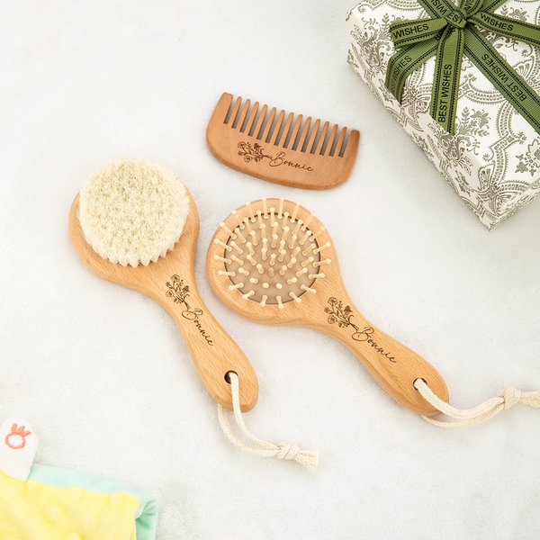 Personalized Wooden Birth Flower Baby Hair Brush Comb Set with Name Newborn Baby Shower Gift for Boys Girls