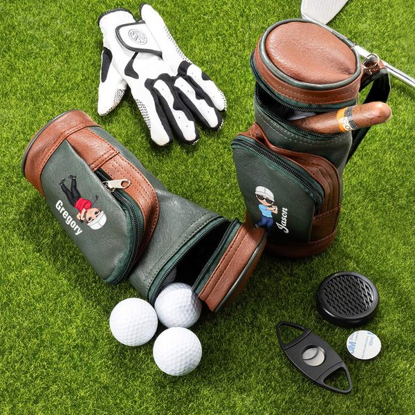 Sac de Golf en Cuir Personnalisé avec Personnage de Dessin Animé et Nom Cadeau Anniversaire Fête des Pères pour Amateurs de Golf