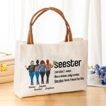 Personalized 2-6 Cartoon Characters Seester Name Canvas Tote Bag with Leather Handle Travel Accessory Birthday Gift for Sisters Besties Women