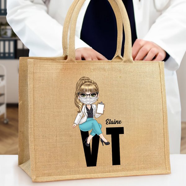 Personalisierte Cartoon-Charakter wiederverwendbare Jute Tasche mit Namen und Beruf Tote Bag Geburtstag Geschenk für Krankenschwester