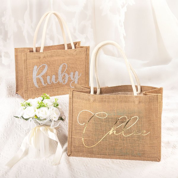 Borsa personalizzata in iuta a tinta unita glitterata con nome Matrimonio, doccia nuziale, addio al nubilato Regalo per le amiche damigelle d'onore
