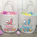 Personalized Cute Easter Bunny Ears Eggs Bow Bucket Bag with Name Easter Egg Hunt Basket Birthday Party Favors Gift for Kids