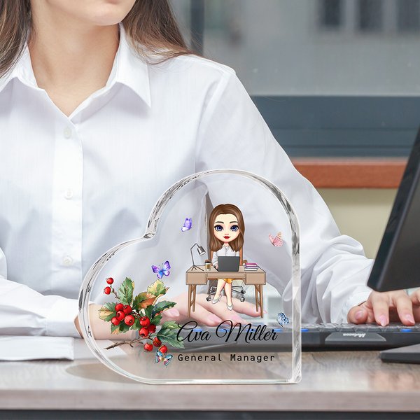 Personlig tegneserie Business Character Birth Flower Heart Akrylplakett med navn Bursdagskampanje Skrivebordsdekorasjon Gave til kontormedarbeider