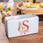 Scatola di latta per biscotti personalizzata con coniglio Peter Rabbit iniziale e nome contenitore uso alimentare regalo di Pasqua per bambini e amici