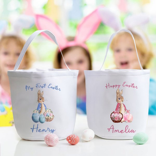 Personalized Watercolor Easter Bunny Floral Basket Eggs Bucket Bag with Title and Name Easter Egg Hunt Supplies Birthday Party Favors Gift for Kid