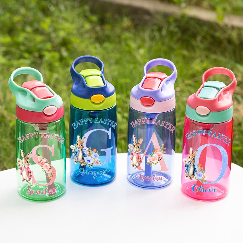 Personalisierte Cute Bunny Floral Initial 16oz Kind Wasserflasche mit Namen und Stroh zurück zu Schule glücklich Ostern Geschenk für Jungen Mädchen 5