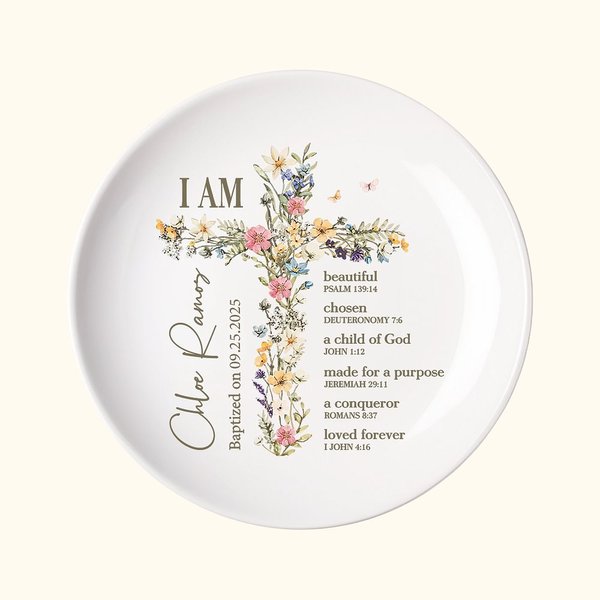 Personalized Floral Cross Bible Verse Ceramic Ring Dish Jewellery Tray with Name First Communion Party Decoration Christening Baptism Gift for Girls