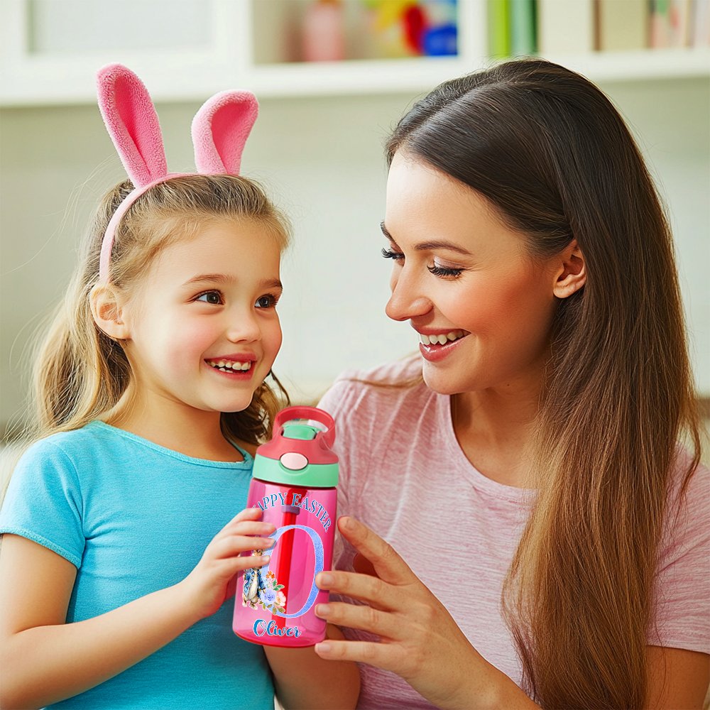 Personalisierte Cute Bunny Floral Initial 16oz Kind Wasserflasche mit Namen und Stroh zurück zu Schule glücklich Ostern Geschenk für Jungen Mädchen 4