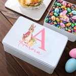 Scatola di latta per biscotti personalizzata con coniglio Peter Rabbit iniziale e nome contenitore uso alimentare regalo di Pasqua per bambini e amici