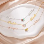 Personalised Dainty Double Heart-Shaped Birthstone Necklace with Names Birthday Anniversary Valentine's Day Gift for Women Sisters