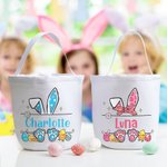 Personalized Cute Easter Bunny Ears Eggs Bow Bucket Bag with Name Easter Egg Hunt Basket Birthday Party Favors Gift for Kids