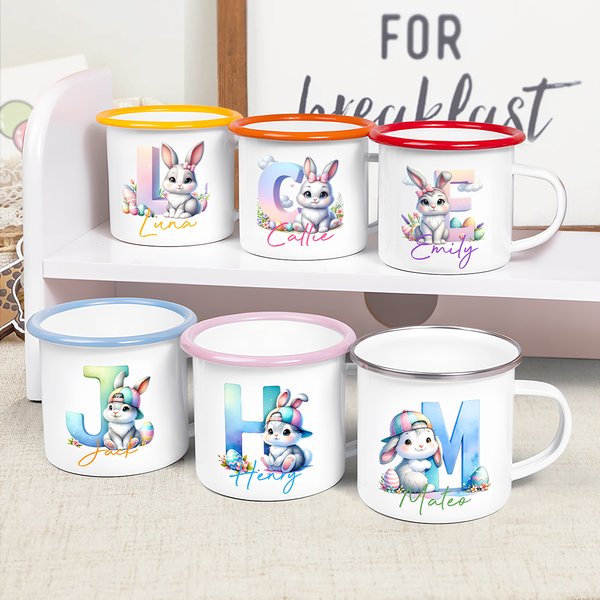 Personalised Cute Easter Bunny Gradient Initial 12oz Enamel Mug with Name Party Favor Easter Gift for Kids