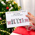Personalized Merry Christmas Doodle Alphabet Greeting Card with Title and Name Christmas Party Gift for Family Members