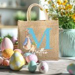 Borsa di juta personalizzata con design del coniglio Peter Rabbit iniziale e nome adatto per la caccia alle uova di Pasqua regalo per bambini